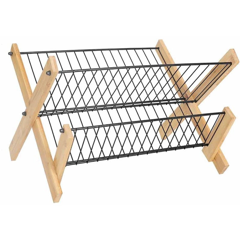 foto del prodotto vetrineinrete - scolapiatti pieghevole per stoviglie in metallo e legno con 2 ripiani gocciolatoio da appoggio per piatti bicchieri