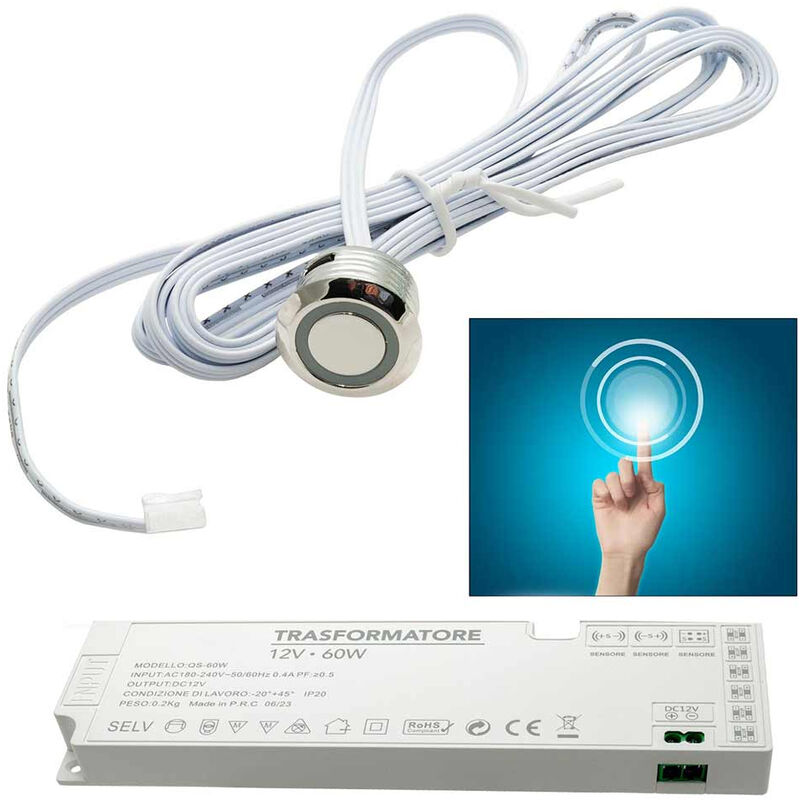 foto del prodotto vetrineinrete sensore interruttore touch dimmerabile per strip led armadi mobili sensori da incasso per luci con alimentatore 12v 24v 60 watt