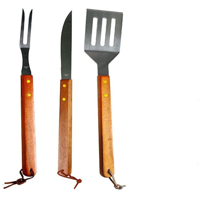 foto del prodotto vetrineinrete set 3 utensili per barbecue forchettone paletta e coltello lama 16 cm attrezzi da cucina acciaio manico in legno grill carne