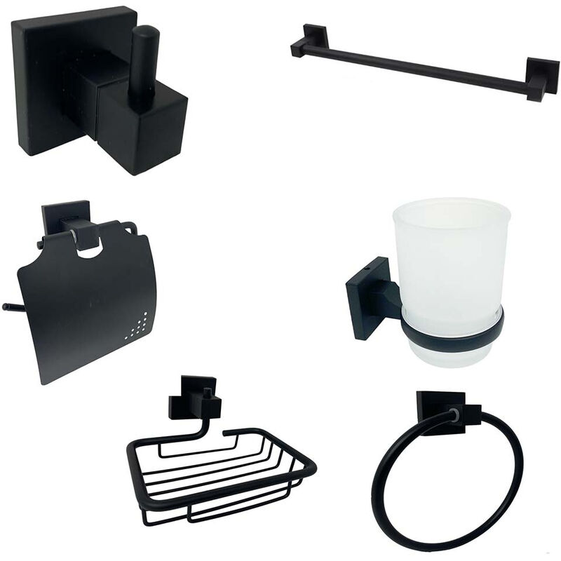 foto del prodotto vetrineinrete set bagno moderno in acciaio nero vetro satinato 6 pezzi accessori bagno portasaponetta portarotolo spazzolini asciugamano