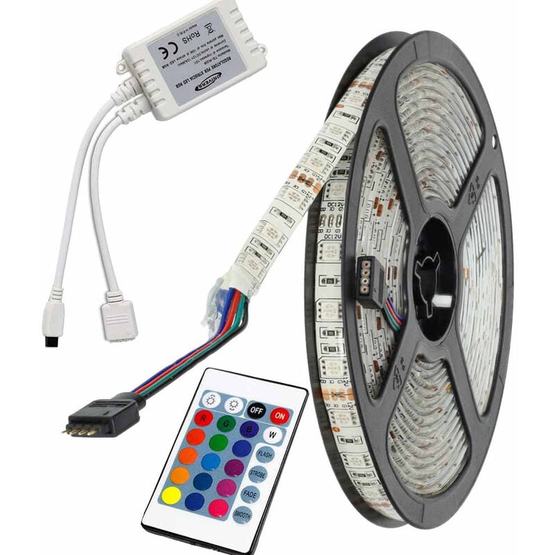 foto del prodotto vetrineinrete striscia led smd 5050 rgb multicolore strip 5 metri 300 led con telecomando e centralina ip55 per esterno waterproof impermeabile