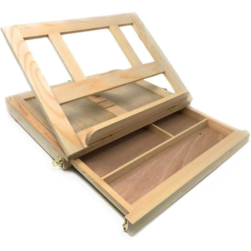 foto del prodotto vetrineinrete valigetta per artisti in legno con base d appoggio cassetto e maniglia cassetta per dipingere e disegnare 40x32x4.5 cm