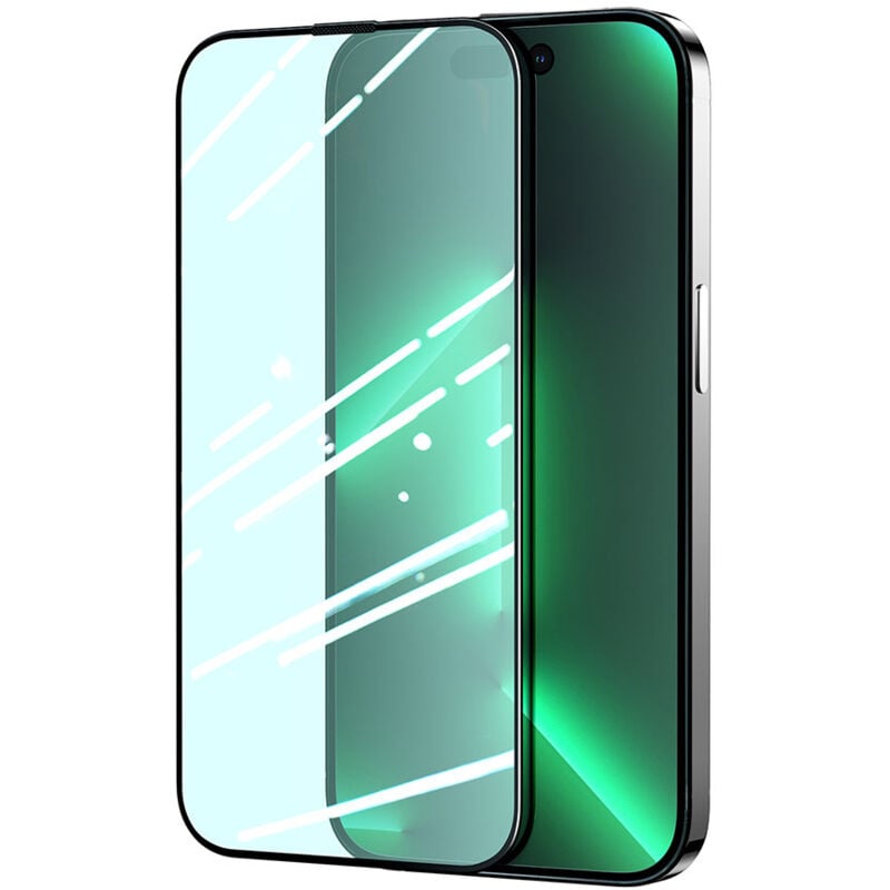 foto del prodotto vetro temperato verde per iphone 14 pro con filtro anti luce blu per l intero schermo knight
