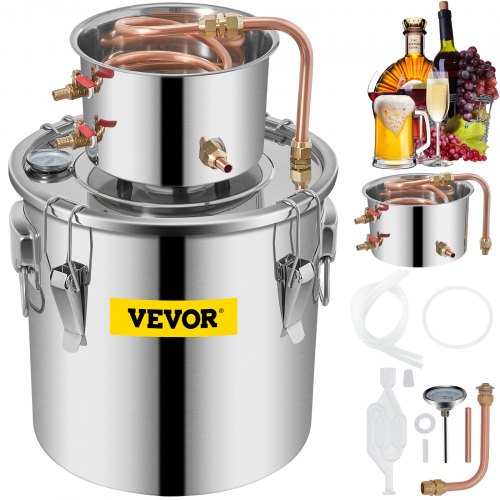 foto del prodotto vevor alambicco distillatore 3gal 11,4l distillatore per grappa in acciaio inox e rame rosso distillatore acqua con un fusto distillatore oli essenziali kit per produzione di vino brandy whisky vodka