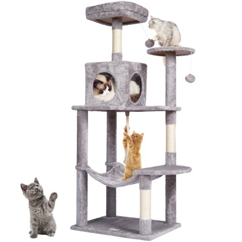 foto del prodotto vevor albero per gatti 143 cm torre per gatti con cuccia per gatti grigio chiaro