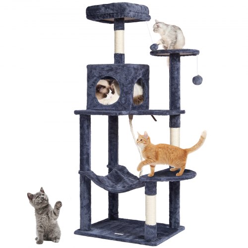 foto del prodotto vevor albero per gatti 143 cm torre per gatti con cuccia per gatti grigio scuro