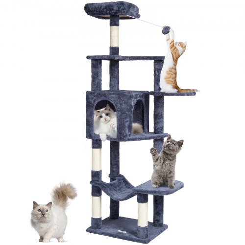 foto del prodotto vevor albero per gatti 154 cm torre per gatti con cuccia per gatti grigio scuro