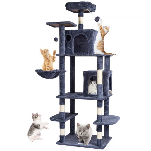 foto del prodotto vevor albero per gatti 174 cm torre per gatti 2 cucce per gatti grigio chiaro
