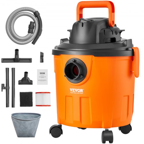 foto del prodotto vevor aspirapolvere per liquidi asciutti capienza 18 litri, aspirapolvere portatile 6 hp max, aspirazione con ugello, rotelle, per tappeti, detriti, aspirapolvere peli animali domestici, arancione