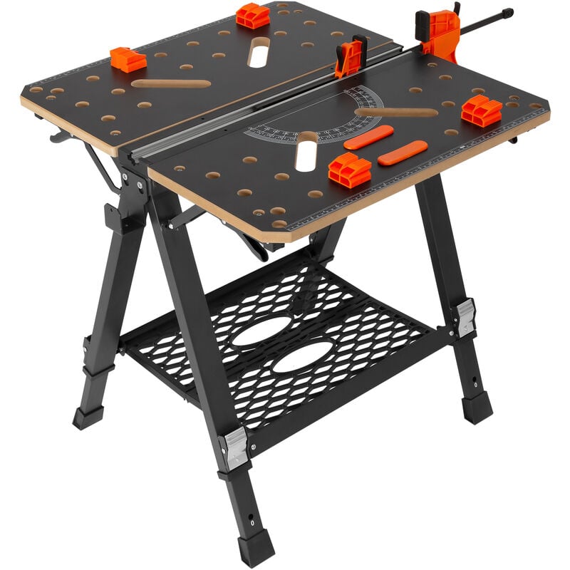 foto del prodotto vevor banco da lavoro pieghevole portatile in legno acciaio altezza regolabile tra 60 92 cm, tavolo da lavoro pieghevole piano in materiale mdf pali