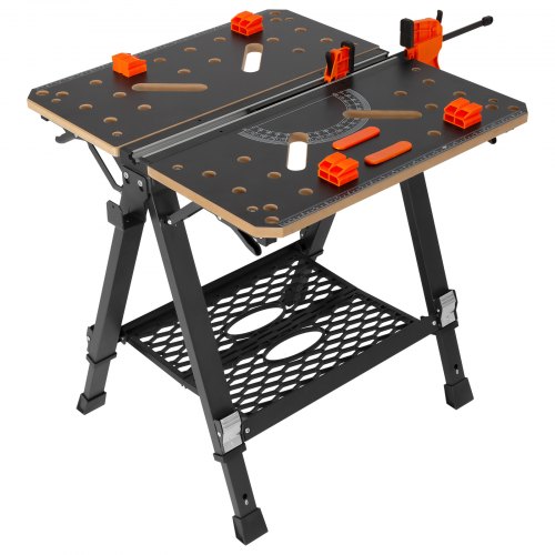 foto del prodotto vevor banco da lavoro pieghevole portatile in legno acciaio altezza regolabile tra 60 92 cm, tavolo da lavoro pieghevole piano in materiale mdf pali in acciaio capacit max. 454kg, banchetto da lavoro