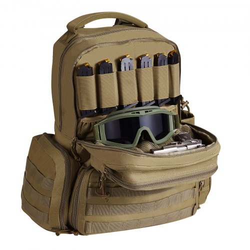 foto del prodotto vevor borsa per armi da fuoco per caccia, borsa per fucile capienza 6 pistole, zaino per fucili con 6 tasche 10 scomparti per caricatori, zaino per utensili per caccia all aperto, borsa marrone