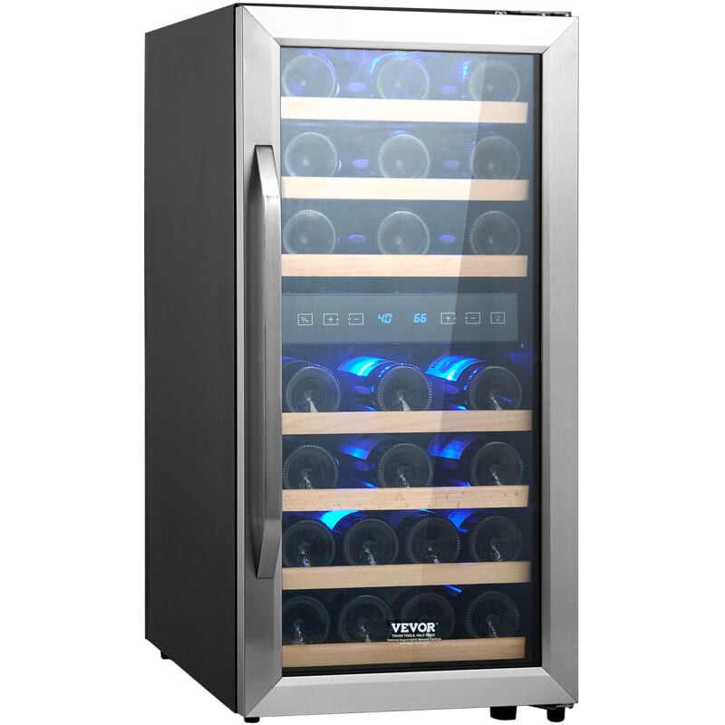 foto del prodotto vevor cantinetta per vini capienza da 33 bottiglie, cantinetta portabottiglie doppia zona, frigo con raffreddamento ad aria circolante controllo