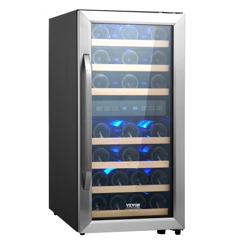 foto del prodotto vevor cantinetta per vini capienza da 33 bottiglie, cantinetta portabottiglie doppia zona, frigo con raffreddamento ad aria circolante controllo digitale, protezione uv, per vino rosso e bianco