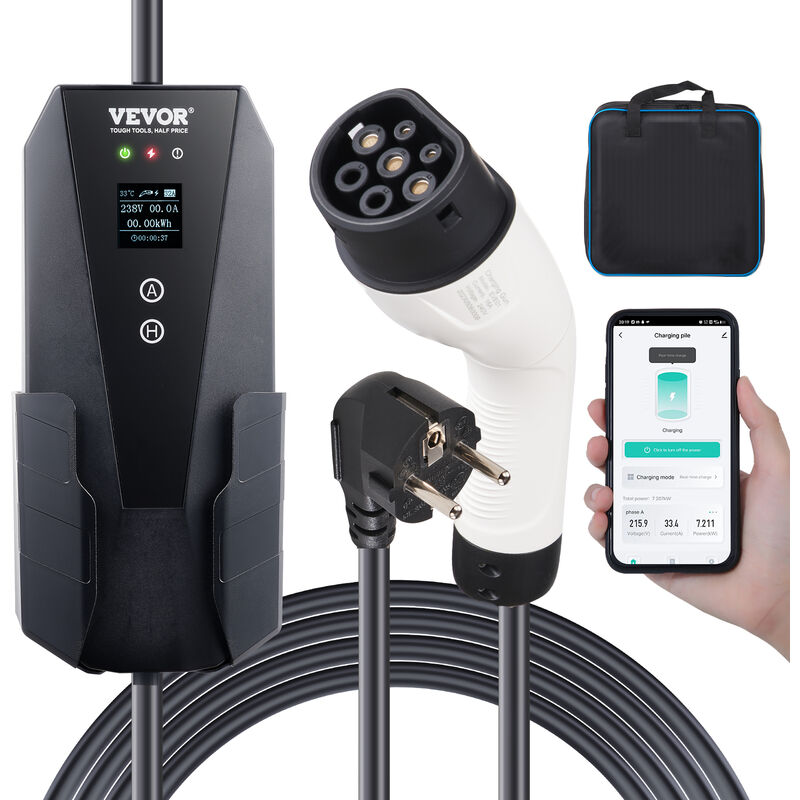 foto del prodotto vevor caricabatterie per veicoli elettrici portatile corrente max.16a monofase tipo 2 lunghezza cavo 8,6m, caricabatterie ev portatile