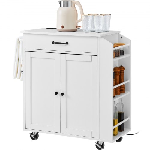 foto del prodotto vevor carrello da cucina, carrelli mobili, piano ribaltabile legno 810 mm con mobiletto portaoggetti, con rotelle, porta spezie e asciugamani, cassetto ganci, isole portatili presa corrente, bianco