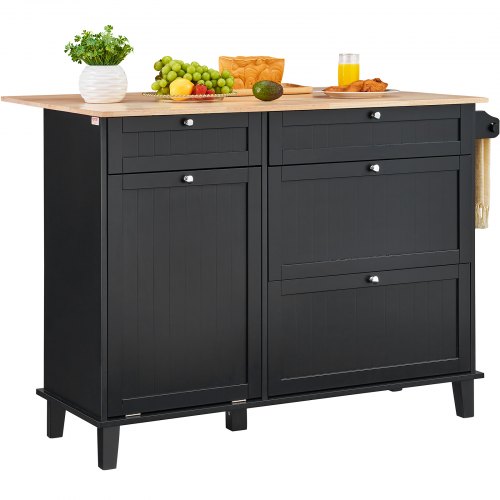 foto del prodotto vevor carrello da cucina, tavolo da colazione in legno 1280 mm con mobiletto per la spazzatura, contenitore 37,85 l tavolo da pranzo in stile fattoria con ribaltina, portasciugamani, cassetto, nero