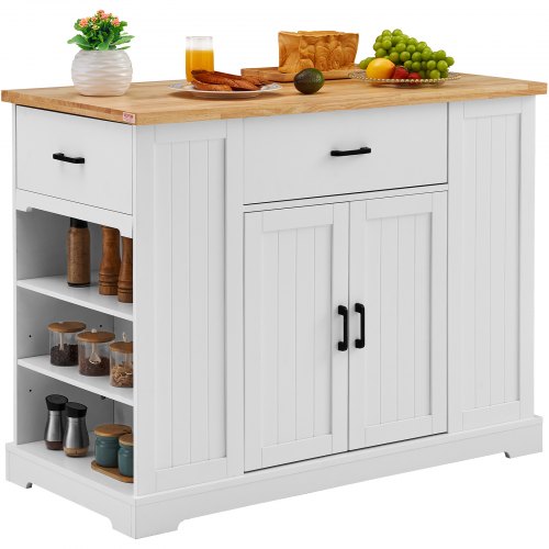 foto del prodotto vevor carrello da cucina, tavolo da colazione in legno da 46 con mobiletto portaoggetti, tavolo da cucina stile fattoria con ripiano regolabile, cassetto, per sala da pranzo, soggiorno, bianco