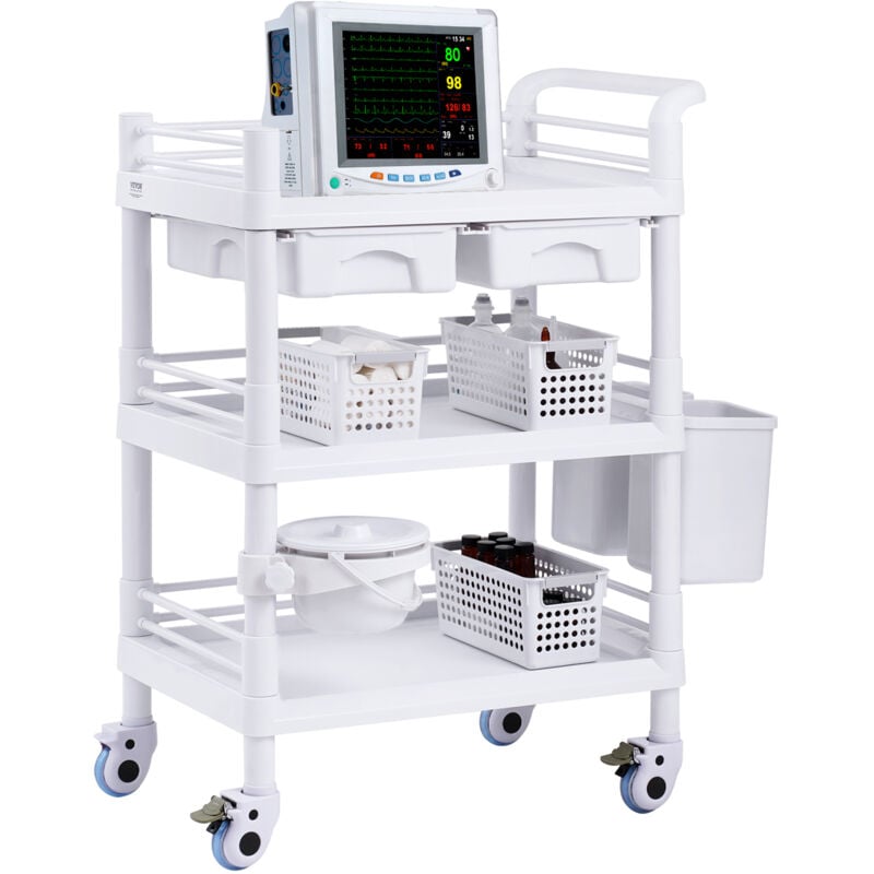 foto del prodotto vevor carrello da laboratorio 3 ripiani, carrello da laboratorio 4 ruote, carrello medico mobile in materiale pp, carrello da laboratorio con 3