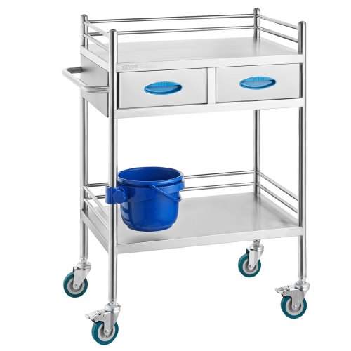 foto del prodotto vevor carrello di servizio da laboratorio in acciaio inox a 2 strati, carrello medico, carrello di servizio dentale con ruote bloccabili e secchio, per laboratorio, ospedale, uso dentale