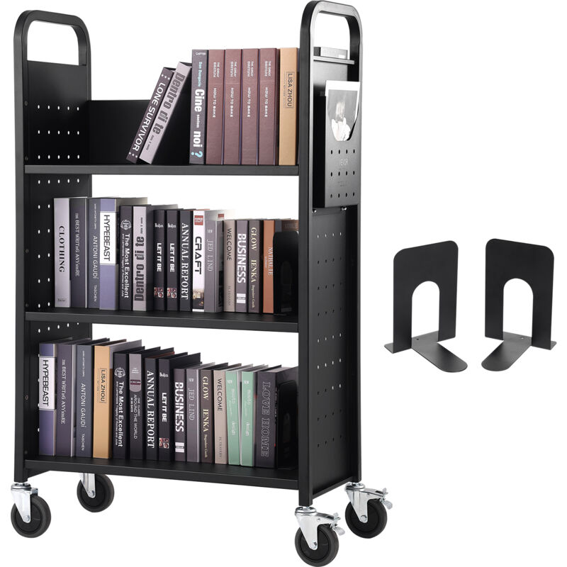 foto del prodotto vevor carrello per libri, carrello 3 ripiani nero da biblioteca carico max. 150kg, carrello da libreria biblioteca ripiani piatti a forma di l ruote