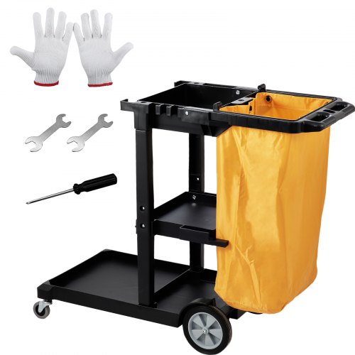 foto del prodotto vevor carrello per pulizia di servizio 3 ripiani con sacco per raccolta spazzatura ruote in pvc capacità carico max. 90,7kg, carrello di pulizia 3 ripiani pp sacco raccolta hotel aeroporto magazzino