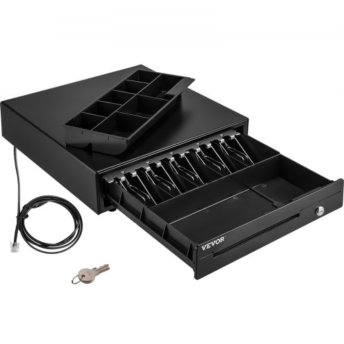 foto del prodotto vevor cassetto per registratore di cassa, cassetto portasoldi apertura automatico con 2 metodi di sblocco, cassetta portavalori con 5 scomparti per banconote e 8 per monete, 41 x 42 x 10 cm nero 