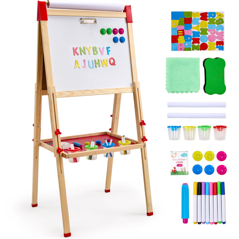 foto del prodotto vevor cavalletto da arte per bambini, cavalletto da arte in legno 3 in 1 a doppia faccia con lavagna magnetica, lavagna e rotolo di carta, tavolo