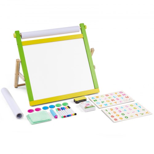 foto del prodotto vevor cavalletto da tavolo per bambini 3 in 1, tavolo da disegno pieghevole portatile in legno a doppia faccia con lavagna magnetica, lavagna, rotolo di carta, con accessori per pittura per ragazzi