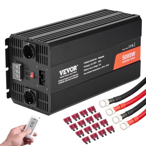foto del prodotto vevor convertitore di potenza a onda sinusoidale modificata, convertitore di potenza 5000 w cc da 12 v a ca 230 v display lcd e telecomando per elettrodomestici a carico elevato