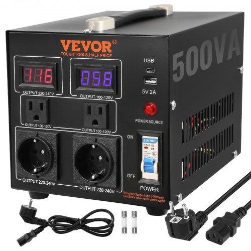 foto del prodotto vevor convertitore di tensione step up down portatile 110v 220v 220v 110v potenza da 500va, trasformatore di tensione 500va portatile 240 x 185 x 200 mm 2 spine, convertitore di tensione 500va usb 5v