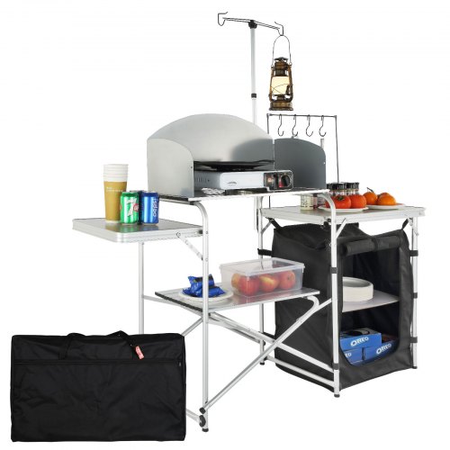 foto del prodotto vevor cucina da campeggio per cottura pieghevole portatile con parabrezza a 3 lati materiale in alluminio ferro mdf dimensioni estese 146x46x168 cm, tavolo pieghevole portaoggetti da campeggio per bbq