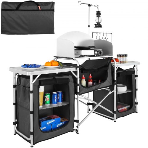 foto del prodotto vevor cucina da campeggio per cottura pieghevole portatile con parabrezza a 3 lati materiale in alluminio ferro mdf dimensioni estese 174x176x46 cm, tavolo pieghevole portaoggetti da campeggio per bbq