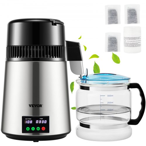 foto del prodotto vevor distillatore d acqua volume della canna 4l 750w, distillatore per purificazione dell acqua 1 l h con contenitore in vetro, d argento per cucina uffici, lab, ospedali, cliniche dentistiche, ecc.