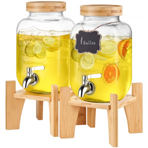 foto del prodotto vevor distributore per bevande di vetro, dispenser per bevande da 3,8 litri, 2 pezzi, con supporto, rubinetto acciaio inossidabile, dispenser per acqua per succo, t freddo, ristoranti, hotel, feste