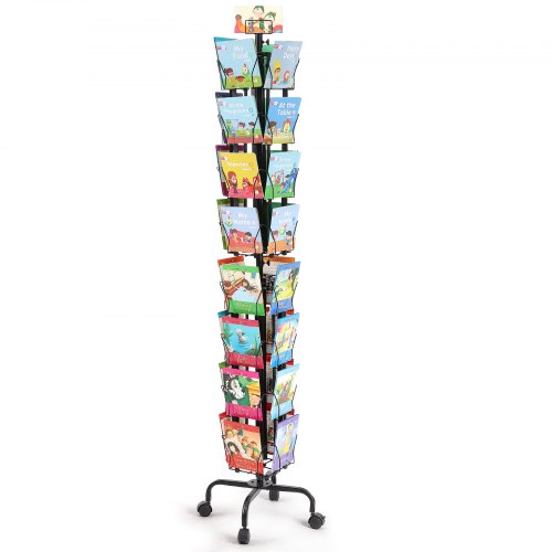 foto del prodotto vevor espositore per biglietti d auguri 450 x 450 x 1930 mm porta cartoline girevole a 360 per brochure cartoline da 32 tasche, con portacartelli, 4 ruote 2 bloccabili per mostre, uffici, fiere
