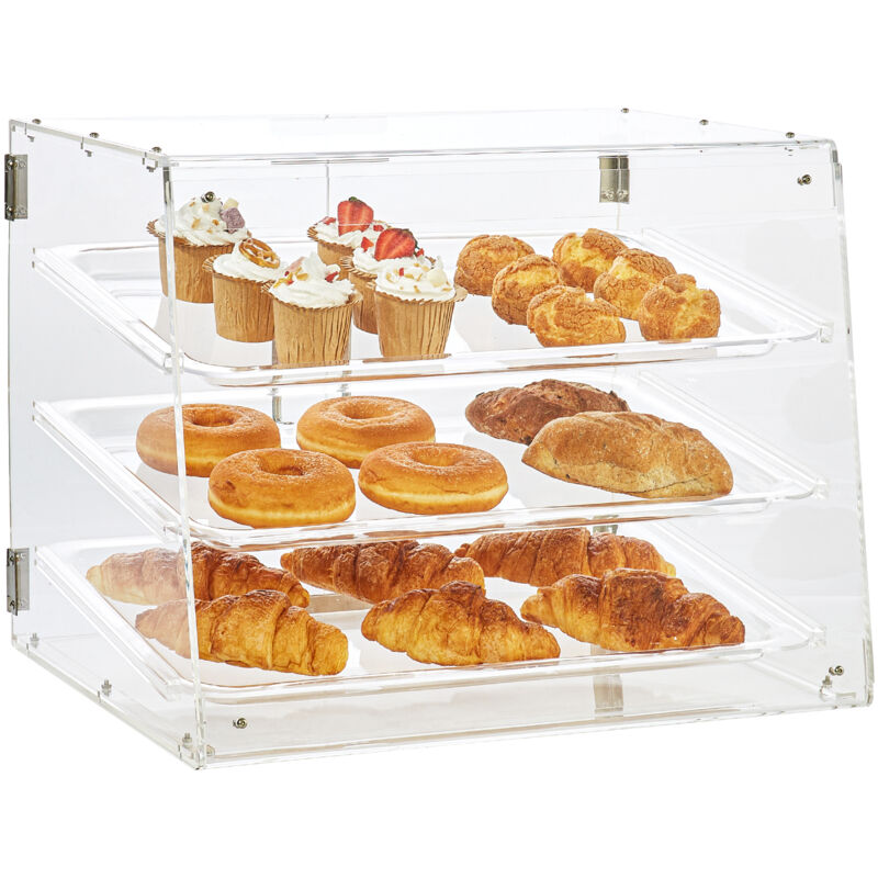 foto del prodotto vevor espositore per pasticceria 3 ripiani accesso sul retro ripiani rimovibili in acrilico trasparente, espositore da pasticceria per pane dolci
