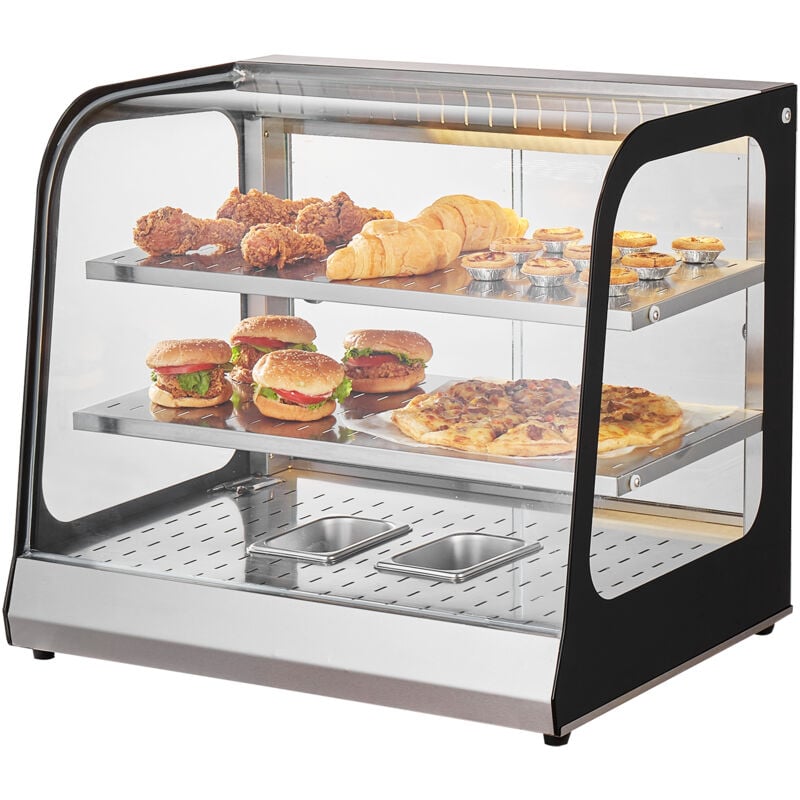 foto del prodotto vevor espositore scaldavivande commerciale 2 ripiani 850 w con vetro temperato e riscaldamento a vapore, controllo temperatura da 30 a 85 ,