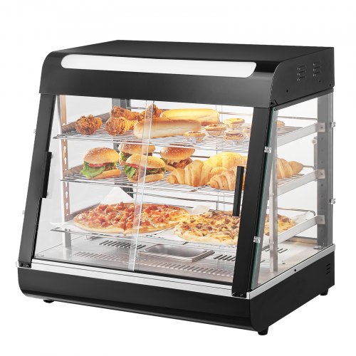 foto del prodotto vevor espositore scaldavivande commerciale 3 ripiani 1200 w con luce, ripiano regolabile, display della temperatura, riscaldamento a vapore da 30 ℃ a 85 ℃, 111 l per hamburger pizza pane pollo fritto