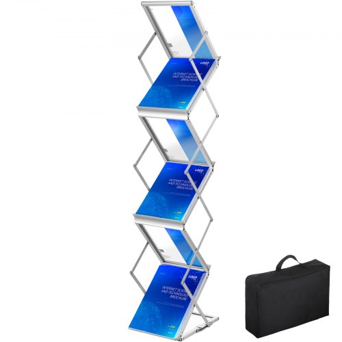 foto del prodotto vevor esposizione opuscolo letteratura pieghevole, 6 scomparti espositore per brochure, supporto per portariviste giornali in lega di alluminio portatile, 26x36x152cm portariviste con borsa oxford