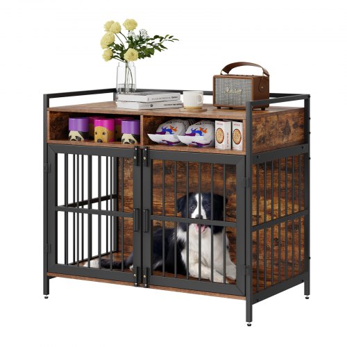 foto del prodotto vevor gabbia per cani 104 x 59 x 91cm moderna gabbia per cane in legno tavolino portaoggetti uso interno doppia porta vassoio facile montaggio per cani capacit max.136kg, gabbia cani marrone rustico