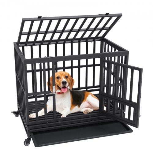 foto del prodotto vevor gabbia per cani con ruote 95x65x81 cm gabbia da trasporto in metallo per cucciolo taglia media e grande con ruote bloccabili 3 porte, gabbiette per cani vassoio rimovibile per interno esterno