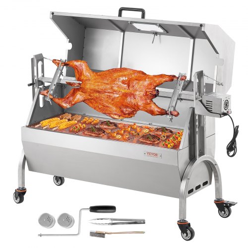 foto del prodotto vevor griglia per agnello, griglia per maialino, griglia per arrosto, griglia per barbecue carico max. 90 kg per maiale, agnello, motore elettrico da 52 w, girarrosto commerciale acciaio inox