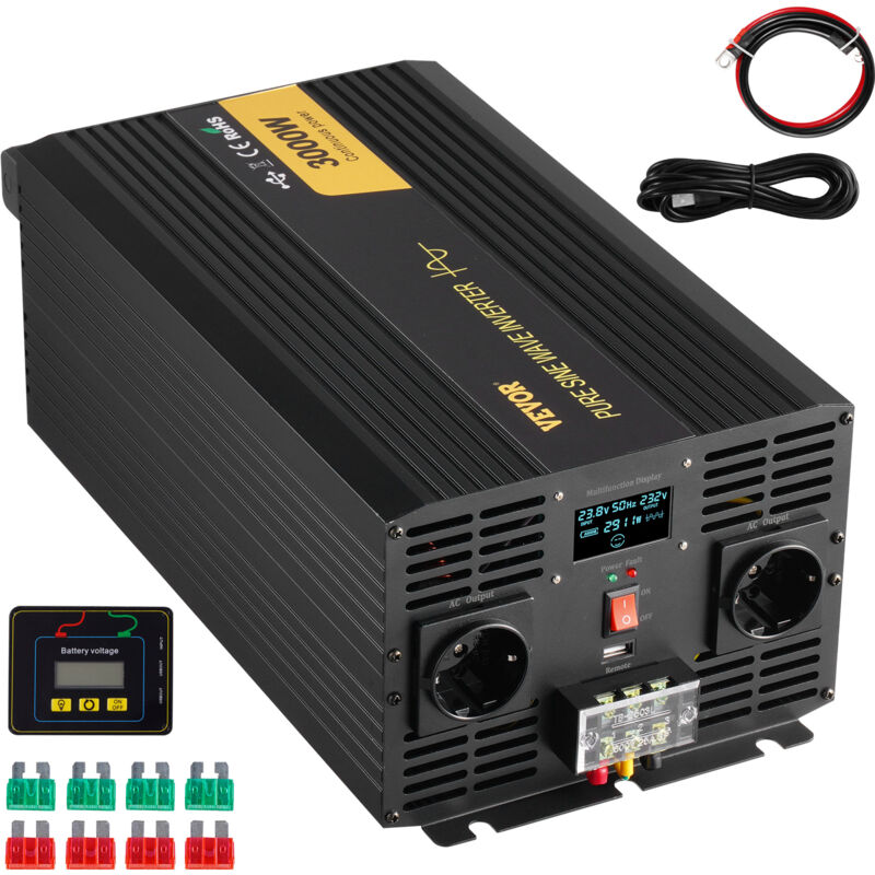foto del prodotto vevor invertitore a onda sinusoidale pura, 3000 w invertitore di potenza, dc 24 v a ac 230 v invertitore per auto con schermo lcd porta usb,