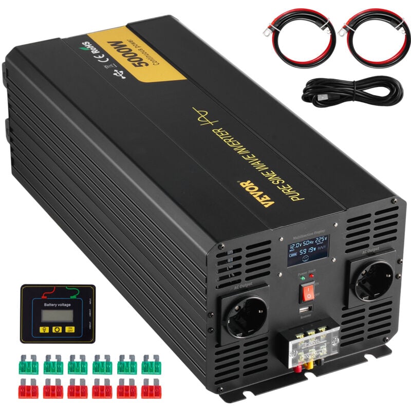 foto del prodotto vevor invertitore a onda sinusoidale pura, 5000 w invertitore di potenza, dc 12 v a ac 230 v invertitore per auto con schermo lcd porta usb,