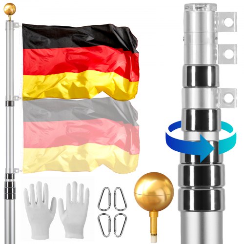 foto del prodotto vevor kit asta bandiera telescopica da 9144 mm in lega di alluminio resistente nel terreno per esterni, con 3 modalit di visualizzazione con accessori professionali, bandiera tedesca, argento