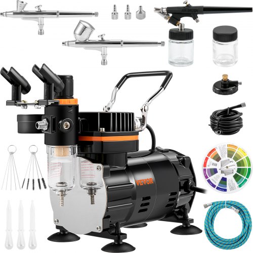 foto del prodotto vevor kit compressore a doppia azione potenza 120 w, pistola aerografo velocit del flusso da 18 23 l min con kit aerografo da 0.2 0.3 0.8 mm, adatto a principianti, studenti e artisti avanzati, ecc.