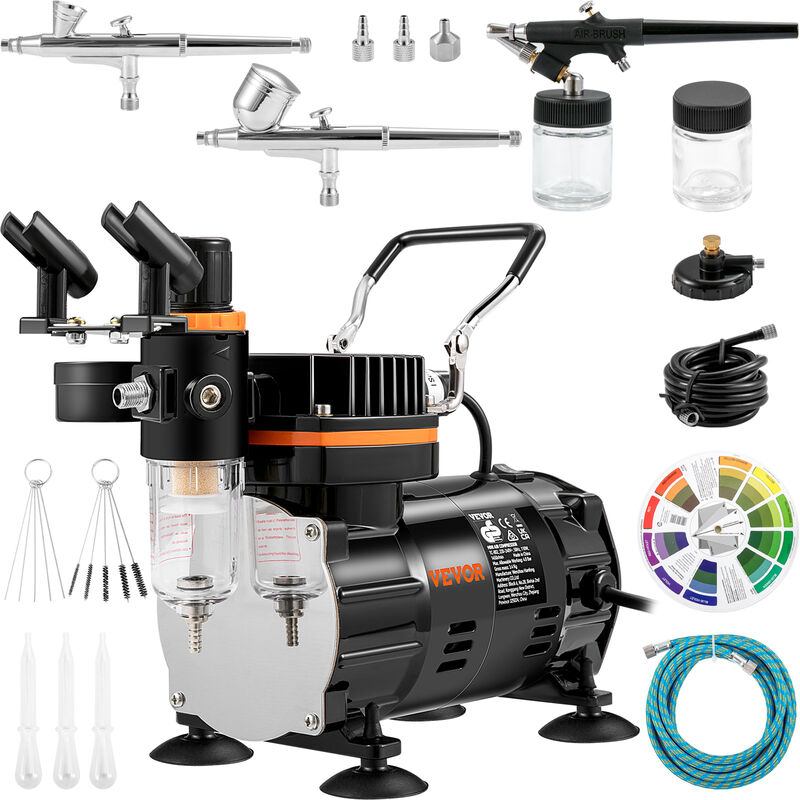 foto del prodotto vevor kit compressore a doppia azione potenza 120 w, pistola aerografo velocita del flusso da 18 23 l min con kit aerografo da 0.2 0.3 0.8 mm,