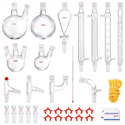 foto del prodotto vevor kit di distillazione da laboratorio, kit di apparecchi per la distillazione di oli essenziali da 1000 ml, set di attrezzature per vetreria da 32 pezzi