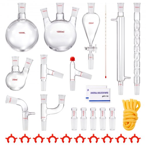 foto del prodotto vevor kit di distillazione da laboratorio, kit di distillazione 3.3 boro con 24, 40 giunti, distillazione di oli essenziali da 1000 ml, set di attrezzature per vetreria da 29 pezzi